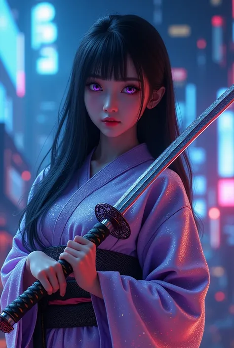 A photorealistic, high resolution image of a beautiful and elegant cyberpunk Japanese girl ((black hair)) and ((glowing violet eyes) with realistic skin texture and clothing texture; highly realistic image of the girl as she is facing the viewer and wearin...