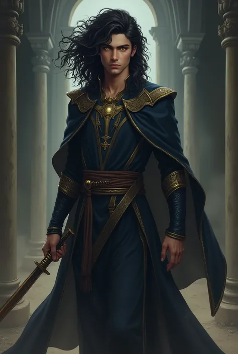 Angel is a man with black hair and golden eyes.  full length. He is young and handsome. Hes serious,  The back is gloomy and you can see collnns , he holds a khopesh in his hand ,  he is the guardian of purgatory ,  serious and unshakable .  He has long bl...