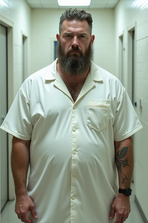 Man with beard and big boobs underneath white prison uniform