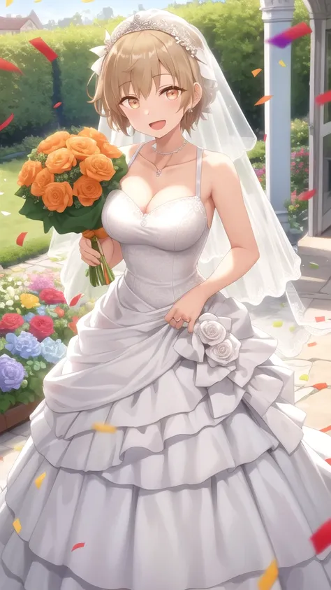 masterpiece, best quality, high quality, girl, solo, looking at viewer, shuu_inuzuka, spiked hair, light brown hair, orange eyes, large breasts, wedding Dress, standing, garden, confetti, holding bouquet, smile, open mouth,