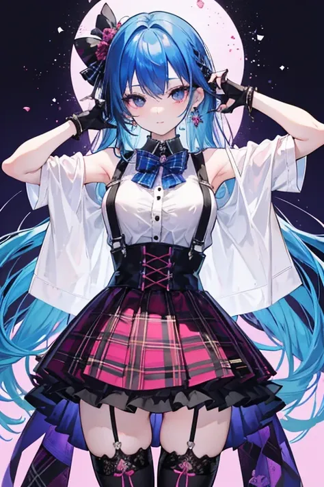 beautiful ,jitome, happy, shy, hopeful, intelligent, smiling, flushed face, standing, looking at viewer, long hair, ((((blue hair, black eyes, eyes open, short)))), kawaii, cute, cel anime, 2d anime, vampire，fang，Plaid dress，Bow，****ta stylish，****ta style...