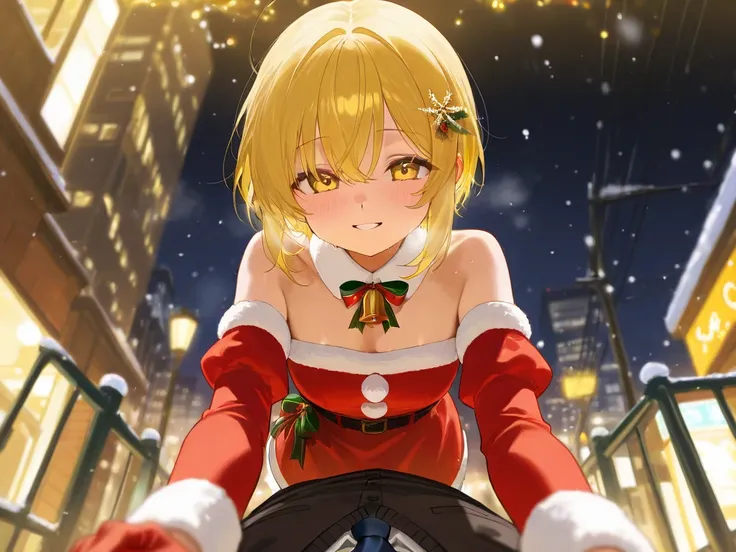 A sexy girl with yellow hair walks alone through the streets in a Christmas costume
