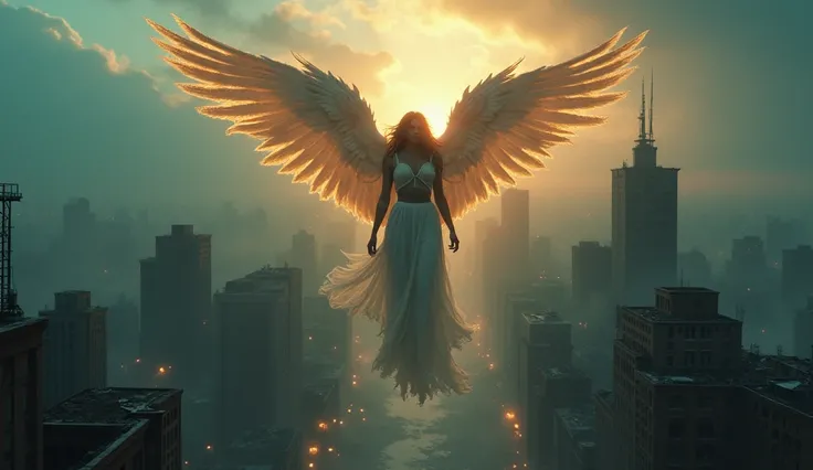 A stunning aerial view of the beautifull big breast Valkyrie rising above a decaying cityscape, where the cold winds stir discarded neon lights and broken hearts. The city below seems to fall apart, as she soars higher, an angel of light in a world that is...