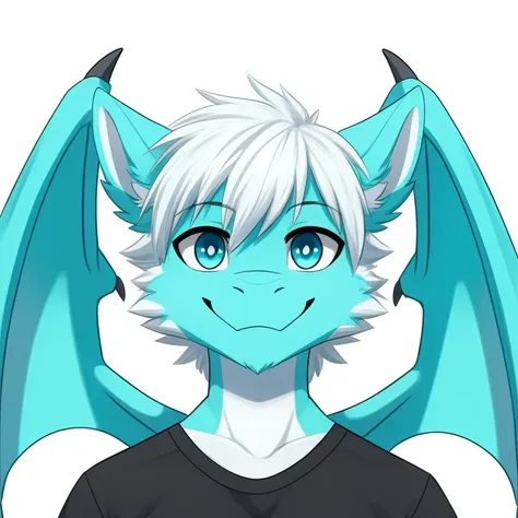 male, dragon, age 13, happy face, anthropomorphic, cyan and blue fur, cyan and white fluffy ears, white and cyan neck fur, black t shirt, white hair, cyan and white dragon wings, white background, high quality, 1 person