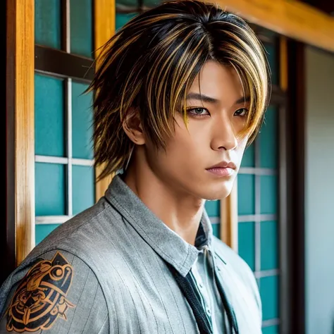 1 man, Japanese man, Male, Asian eyes, Golden eye color,  muscular,  wide shoulders , Yakuza-Tattoos, Hairstyle Visual Kei style , Hair Visual Kei, black mens shirt and black pants,  ultra-accurate face and eyes  , Hyperrealistic,  realistic presentation, ...