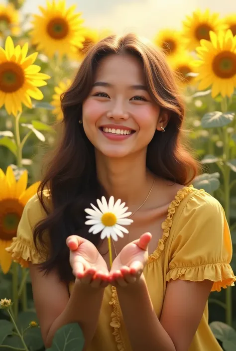 A happy woman, holding white Daisy flower, in a garden of sunflower, with bright sun