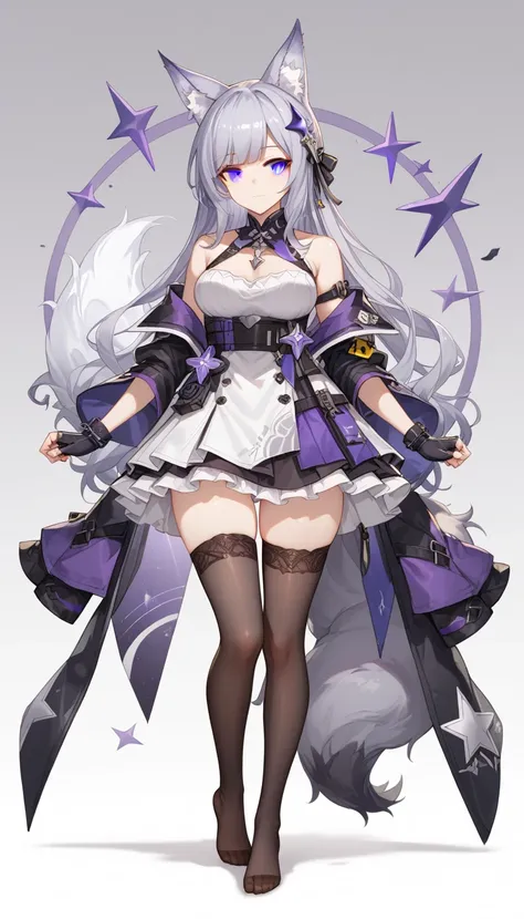 1 girl, solo, full body front view, reference pose, arms angled downwards, a mix of styles from Final Fantasy and Arknights and Honkai: Star Rail, color scheme is black and purple and white, grey eyes, fluffy fox ears and a fluffy fox tail, no shoes, thigh...