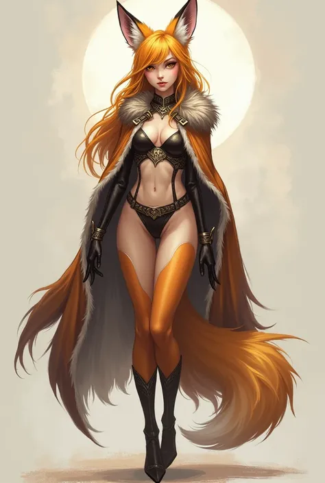 A humanoid female fox , rpg,   extremely beautiful , ( full body),  wearing a wolf-skin cape, (drawing style)