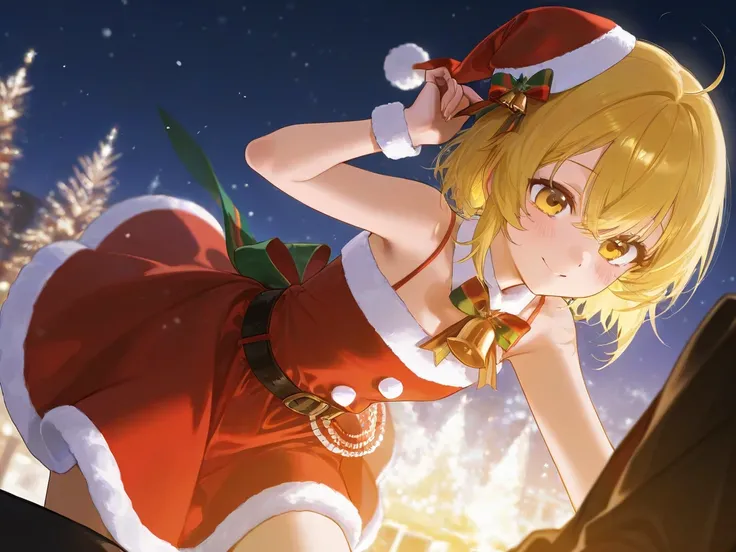 A sexy girl with yellow hair is riding a merry-go-round in a Christmas costume