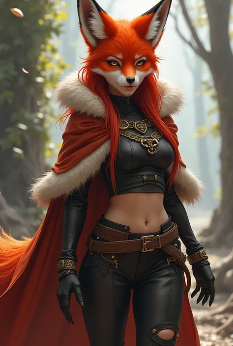 A humanoid female fox , rpg,   extremely beautiful , ( full body),  wearing a wolf skin cape, (drawing style), wearing leather pants 