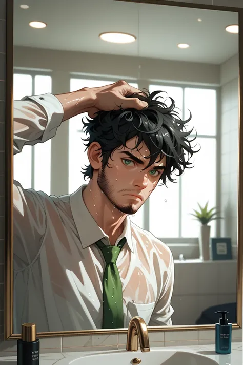 {{upper body, looking in mirror, dutch angle shot}} {{artist: s1ckh34d}} 1man, man, skinny, frail, pale skin, black hair, messy hair, dark green eyes, short beard, five o clock shadow, sweaty, black button up shirt, long sleeve, loose green tie, stressed, ...