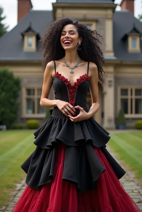 beautiful woman,white, with curly and black hair , attached to a ponytail , wearing a long black and red 7-ruffle skirt,with her breasts exposed,wearing lots of jewelry, laughing and holding a heart ,in front of an old mansion 