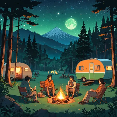  Quiet night camping scene in anime art style 。Group of friends sitting around a crackling bonfire with small details like 、 Cozy caravan with warm lights glowing 。 break camping chairs 、Wooden table、 lanterns and snacks, surrounded by a forest under a sta...