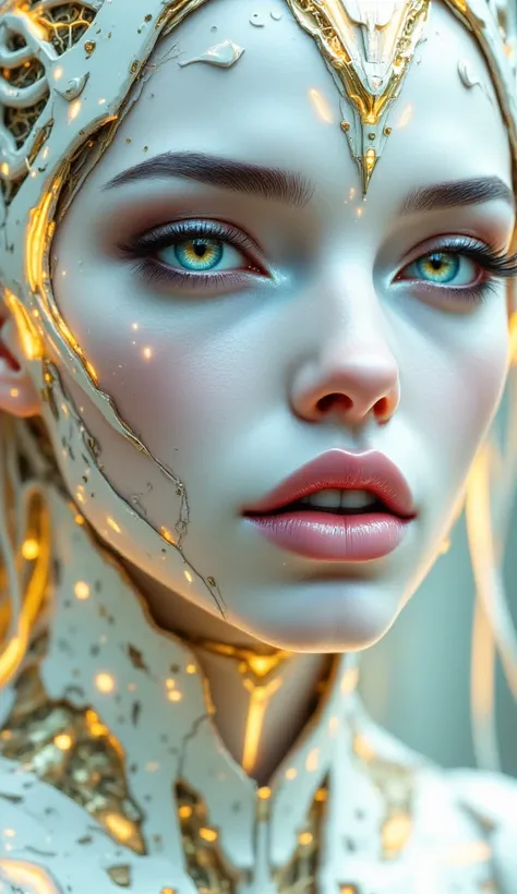 A (((cyborg girl))) with an intricate ((gold dust and lace plugin suit)), colors of (((white and light yellow))), exuding an air of (modern sophistication) against a (dynamic,the scene is framed by her sleek, (((white and gold dust particles) that dance in...