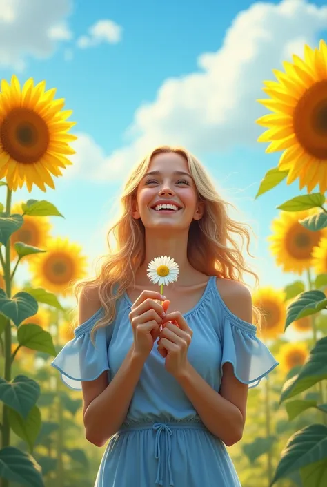 A happy woman, holding white Daisy flower, in a garden of sunflower, with bright sun. She wear a blue sky clothing.