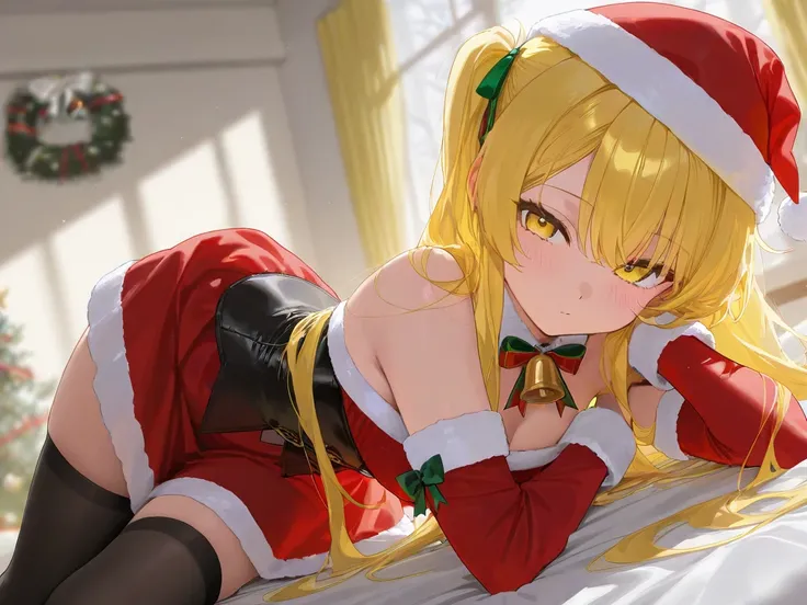 A sexy girl with yellow hair seduces you with a provocative pose in a Christmas outfit