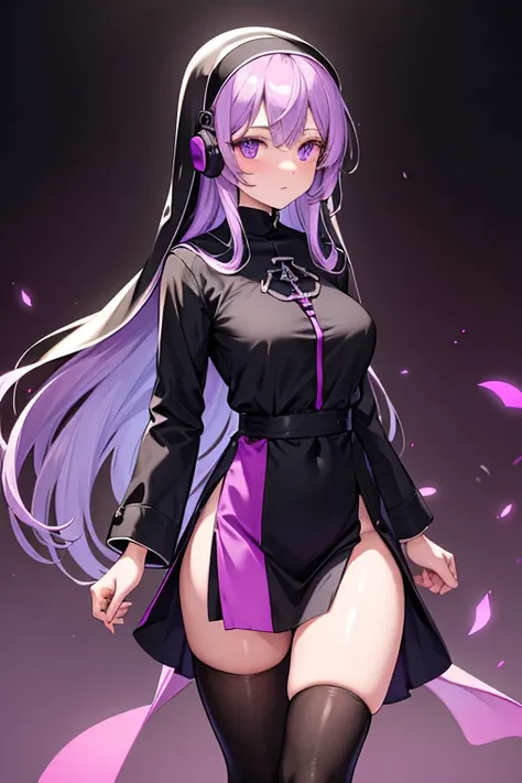  One Beautiful Girl 　Shows up to the waist　 light purple hair 　 long loosely wrapped hair 　Purple eyes　 No Emotion　Long-sleeved black long-sleeved, long-hemmed nun clothes that are less revealing and the skin is not visible　Long black monastic uniform with...