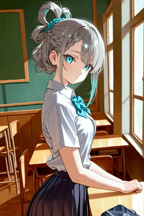 1 Girl, school girl, student, school uniform, pleated skirt, top knot hair, grey hair, braided side bangs, turquoise eyes, human, cute pose, sexy, arms behind back, body facing viewer, looking at viewer, bowing, leaning forward, master piece, best quality,...