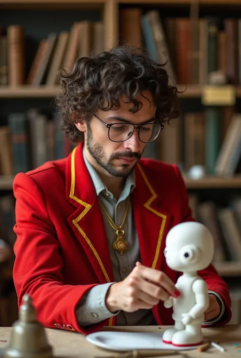  Observatory library and ART deco workshop with an inventor wearing a red suit with yellow stripes, wearing various accessories and jewelry ,  wearing glasses with gold chains ,  short curly hair,  sitting at a table while making a porcelain toy robot  