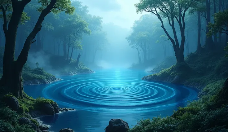 forest, There is a lake in the center , That lake with a lake in the middle  ,  blue light blew out 