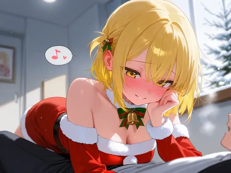 The sexy girl with yellow hair is blushing with a shy expression in her Christmas costume