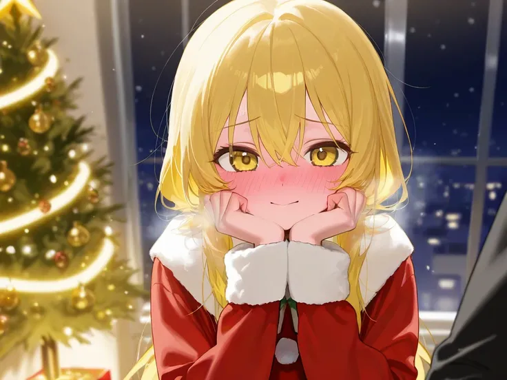 The sexy girl with yellow hair is blushing with a shy expression in her Christmas costume