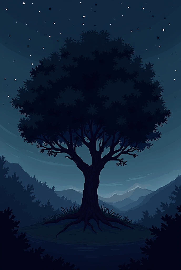 a black shrub and tree in 2d pixel art at night 