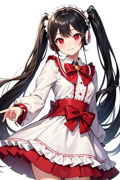  One Beautiful Girl 　Shows up to the waist　 black hair　 black hair　 long hair　 Twin Tails 　Red eyes　Attractive smile yellow and white sweet lolita clothes　Put on wired headphones　MP3 Player 