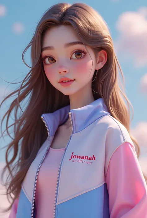 3D A girl with long brown hair and wearing a half light lavander half pastel pink jacket that says “JOWANAH  WILDFLOWER”