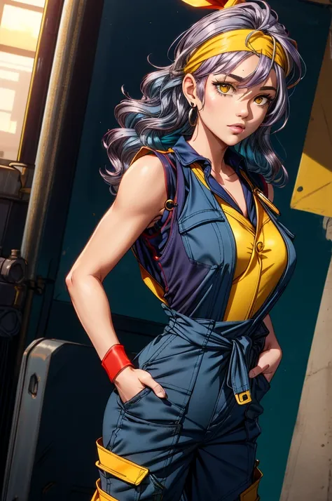 An accurate and detailed full body shot of a young adult female character named Meiwyn, (Flowing wavy hair:1.2), (light purple hair color:1.4), (red headband goggles:1.5), Expressive eyes, Teal colored eyes, (sleeveless black shirt:1.3), (yellow mini vest:...