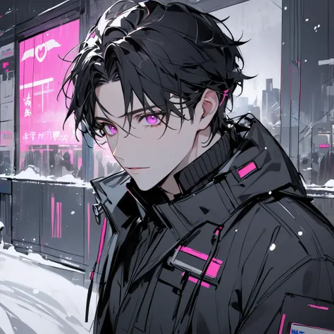   ( top quality , sketch:1.2),Noir Dark, art、 black hair,  Kind eyes,  Neon Pink Eyes 、 a man who is a critical care worker、  handsome, A man who is a paramedic waiting with open arms 、It is snowing in the background