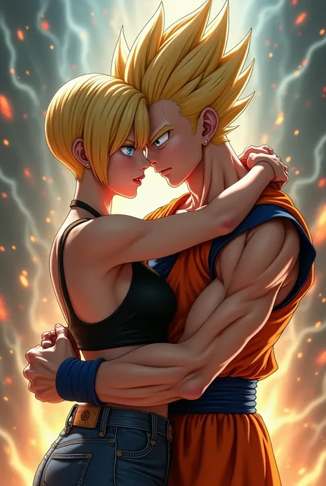  "Create an image of Android 18 hugging Goku from Dragon Ball Z, with a photorealistic style , Showing off her short blond hair,  detailed eyes and a determined expression . Wear a small black sleeveless top and jeans.  Dynamic background that reflects the...