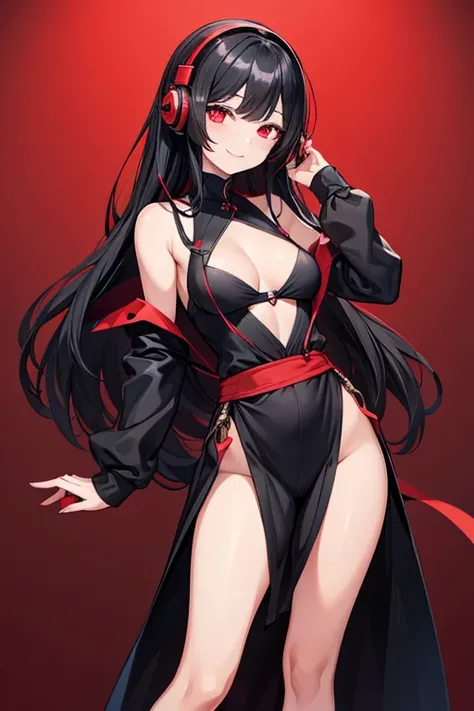  One Beautiful Girl 　Shows up to the waist　 black hair　 black hair　 long hair　Red eyes　A black long dress with a bewitching smile slit　Put on wired headphones　MP３Player