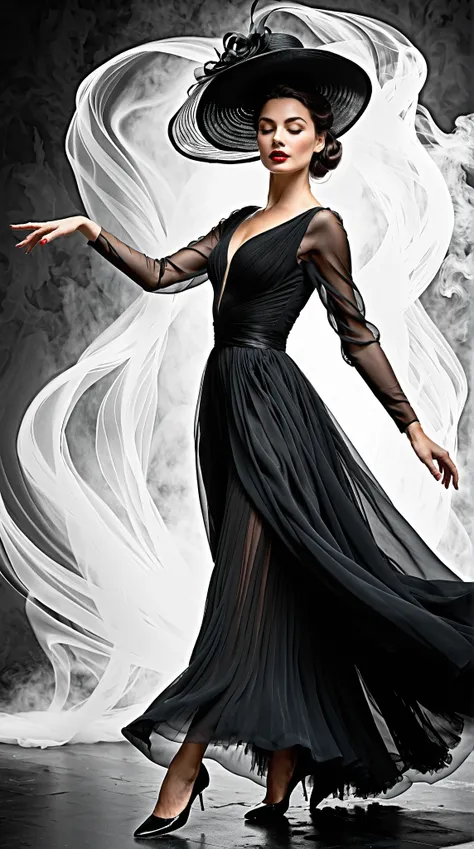 (Art Dance Poster Design)
(Ethereal European dancer gracefully in motion)
(Wearing a flowing 1950s fashion dress, embodying elegance)
Head held high, with fair and flawless skin, high nose bridge
(Face obscured by a large, whimsical hat: 1.37)
(Poignant ex...