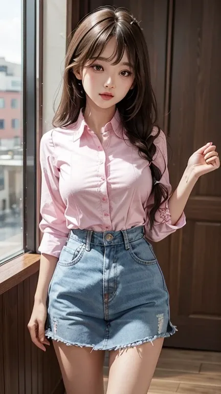 American girl Standing , pink Single strap shirt thin flower pattern , big breasts , look at the viewer