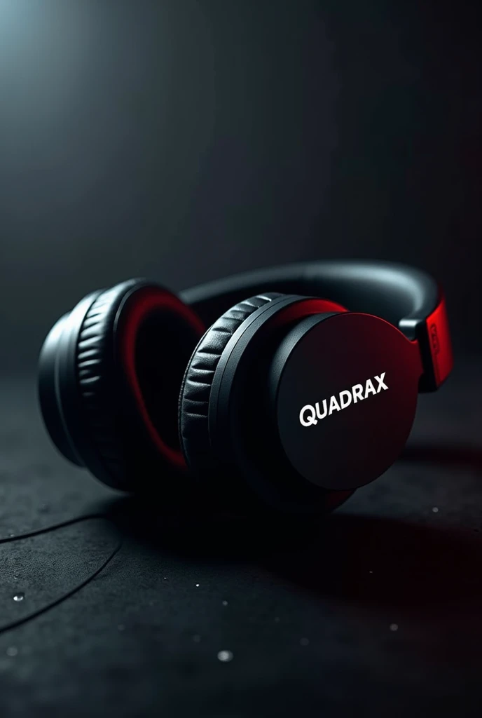 Generat a picture with a earphones with the word quadrax in it and make it look fame and dark 