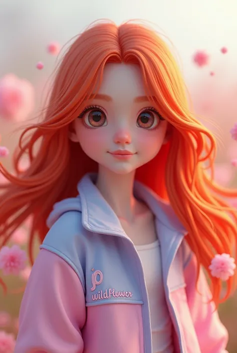 3D A girl with long red hair and wearing a half light lavander half pastel pink jacket that says “JO WILDFLOWER”