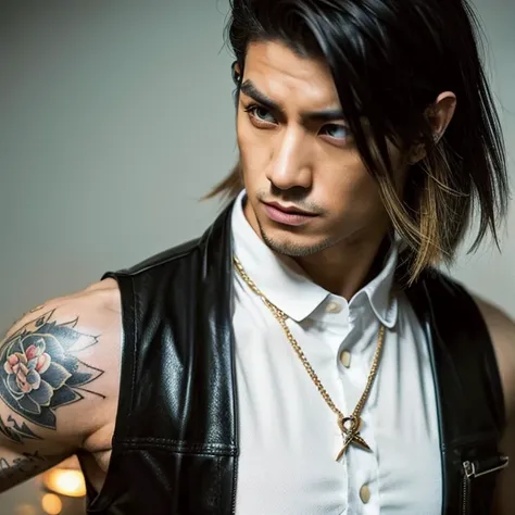 1 man, Japanese man, Male, Asian eyes, Golden eye color,  muscular,  wide shoulders , Yakuza-Tattoos, Hairstyle Visual Kei style , Hair Visual Kei, black mens shirt and black pants,  ultra-accurate face and eyes  , Hyperrealistic,  realistic presentation, ...