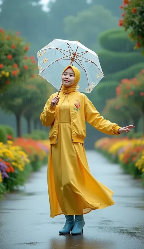 displays full HD high resolution of a beautiful young korean woman smiling sweetly,Clean white face and perfect beauty, slightly fat body, wear bright yellow hijab syari,wear bright yellow Muslim clothing small floral motif,and use  light yellow  bomber ja...