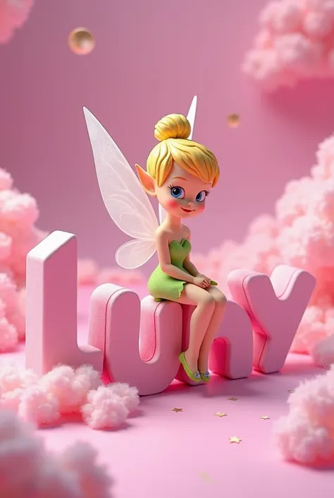 Tinkerbell 3D sitting in the name Luny in 3D background magenta with clouds color pink looking like cotton candy