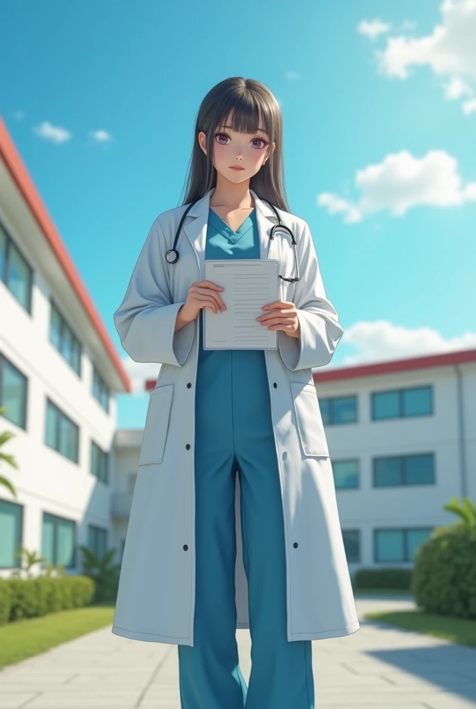 1girl,gal,large breasts, tall, perfect body,(best quality,absolutely resolution,ultra detailed,masterpiece),(photo realistic),8K,(detailed face),delicate realistic skin texture,A beautiful woman dressed as a doctor, standing in a picturesque hospital lands...