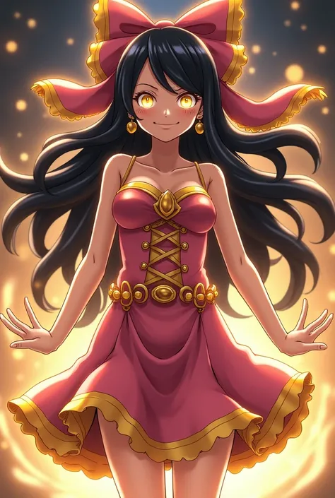 A one piece character: A 24-year-old girl stands confidently and serious in the center. She has long, flowing black hair and wears a gold and pink pirate-style short dress outfit with gold accents and a large, elegant bow on her hair. Her glowing eyes and ...