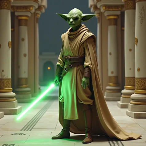  A male humanoid of the species Rodian  (Similar to Greedo )  She wears tan and brown Jedi robes .  He wears brown boots .  He carries an emerald-green single-leaf lightsaber.  He is standing in the middle of a shiny ceramic path . Around you,  there are p...