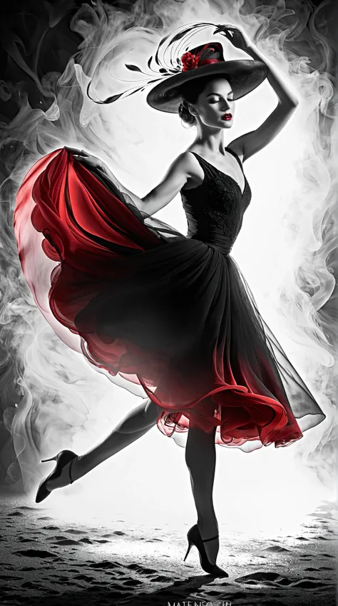 (Art Dance Poster Design)
(Ethereal European dancer gracefully in motion)
(Wearing a flowing 1950s fashion dress, embodying elegance)
Head held high, with fair and flawless skin, high nose bridge
(Face obscured by a large, whimsical hat: 1.37)
(Poignant ex...