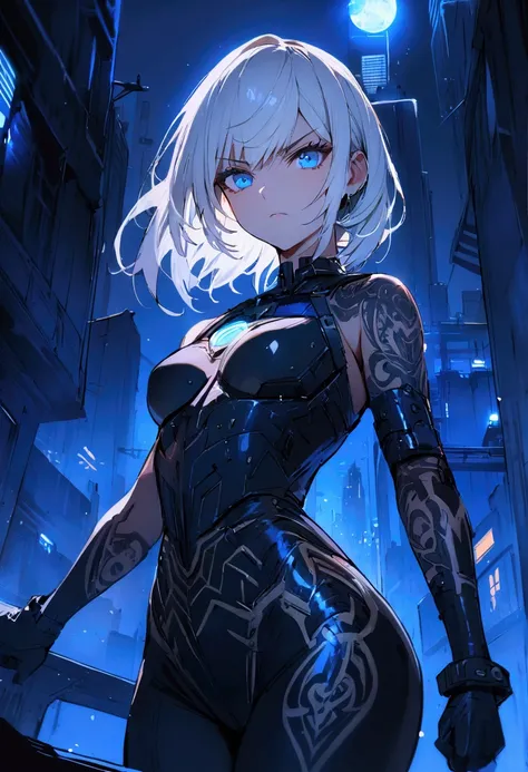 ((Masterpiece)), 1girl, White middle hair, blue eyes, cybercop, Tatoo body, wear a metal, In middle criminal city, Dark and Blue light, Tsurime, Serious. 