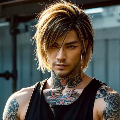 1 man, Japanese man, Male, Asian eyes, Golden eye color,  muscular,  wide shoulders , Yakuza-Tattoos, Hairstyle Visual Kei style , Hair Visual Kei, black mens shirt and black pants,  ultra-accurate face and eyes  , Hyperrealistic,  realistic presentation, ...