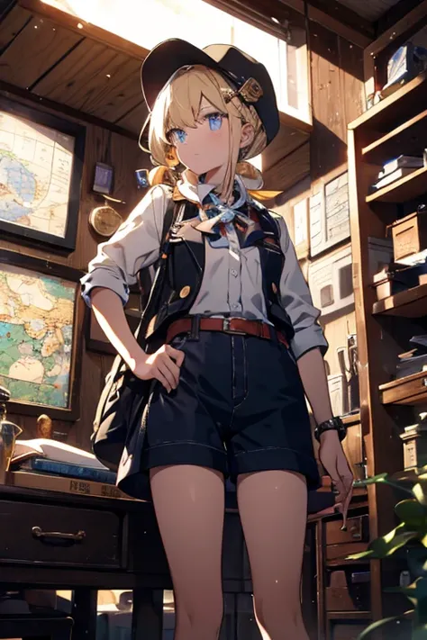 (from below:1.2,Best Quality),a girl , platinum color hair、masterpiece, highest quality, Very detailed, 16k, Ultra-high resolution, Cowboy Shot, One  girl, Detailed face, Perfect Fingers, Golden Eyes, Blonde, Braid, A vest with many pockets, Shorts, Explor...