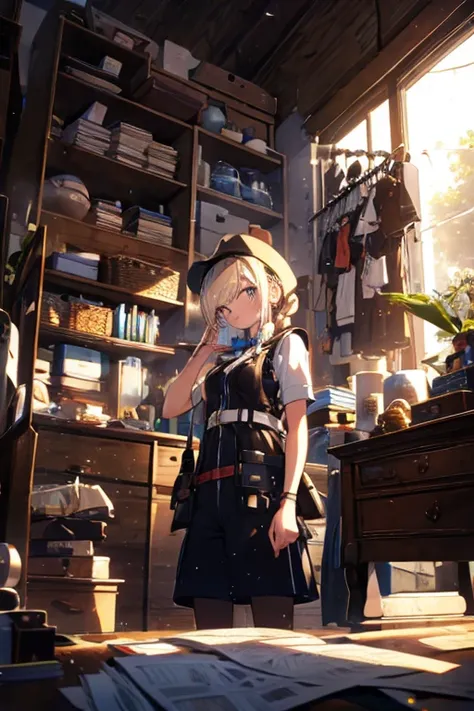 (from below:1.2,Best Quality),a girl , platinum color hair、masterpiece, highest quality, Very detailed, 16k, Ultra-high resolution, Cowboy Shot, One  girl, Detailed face, Perfect Fingers, Golden Eyes, Blonde, Braid, A vest with many pockets, Shorts, Explor...