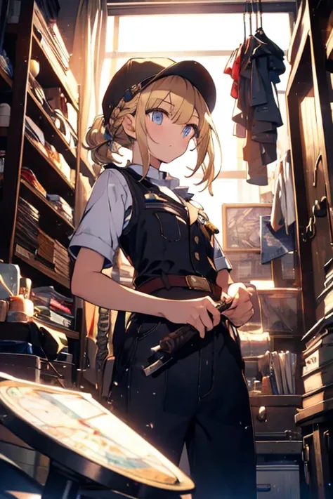 (from below:1.2,Best Quality),a girl , platinum color hair、masterpiece, highest quality, Very detailed, 16k, Ultra-high resolution, Cowboy Shot, One  girl, Detailed face, Perfect Fingers, Golden Eyes, Blonde, Braid, A vest with many pockets, Shorts, Explor...