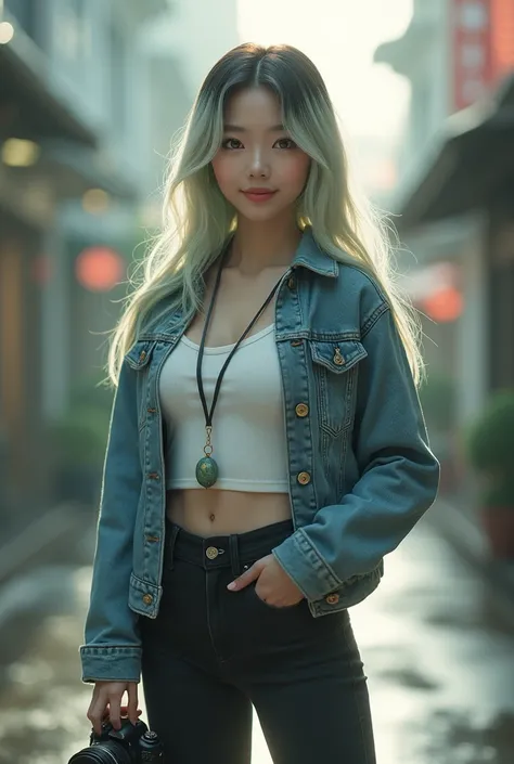  Beautiful Asian woman with long straight hair , color white black green .  Wearing a white inner jeans jacket,  black jeans  , boots,  carries camera on make necklace ,  full body smile soft and cute,  dewy morning street background. ultra Hd realist 